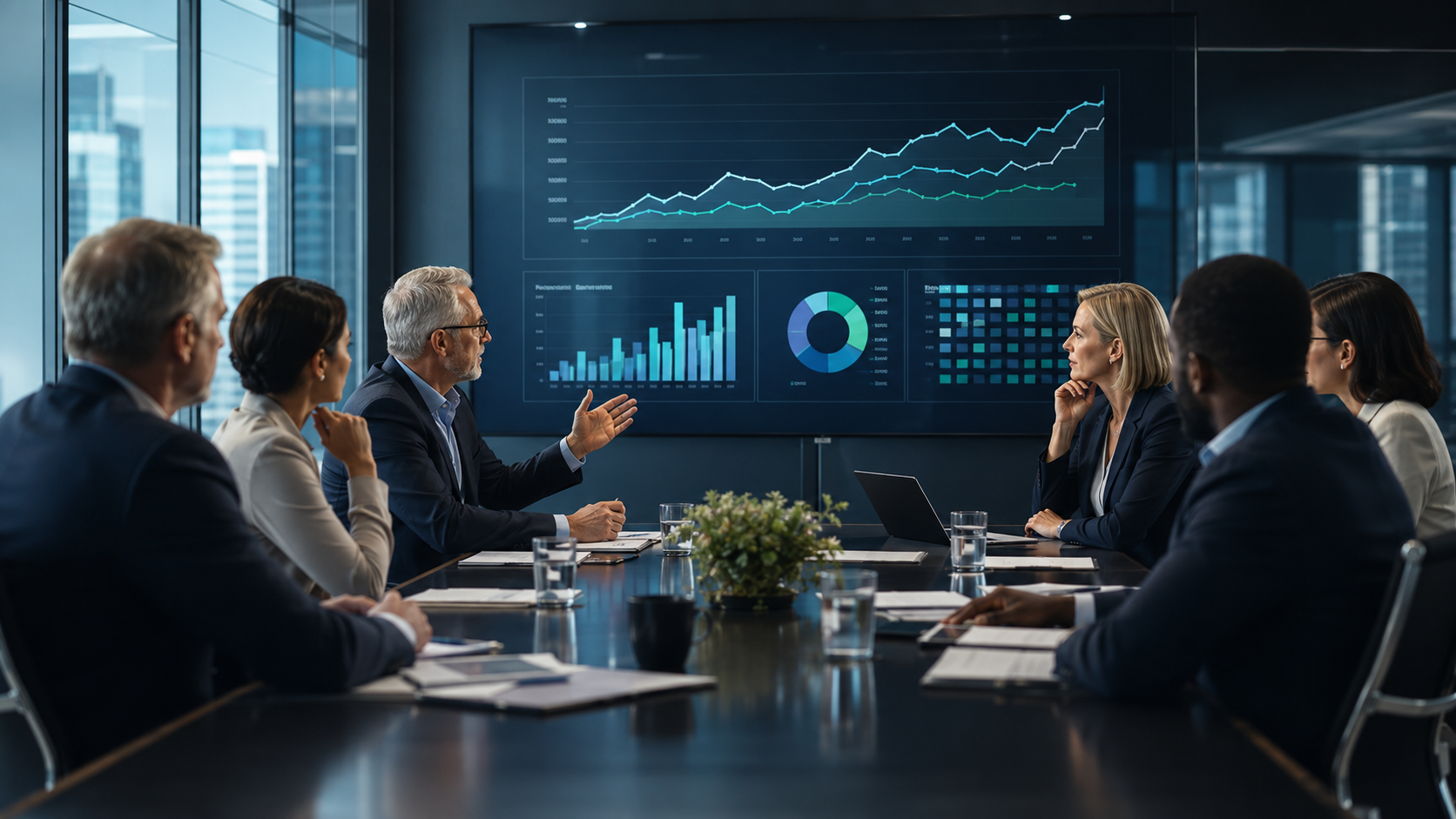 Board members reviewing business performance data and Organizational Latency Index metrics in a modern conference room.